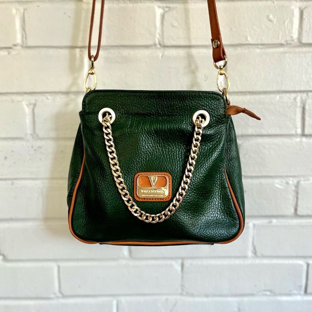 Valentina Dark Green Leather Chain-Handle Shoulder Bag